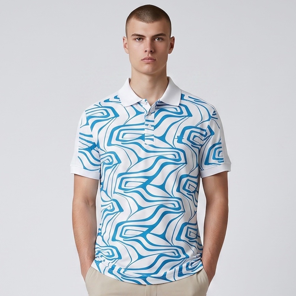 J.Lindeberg Rowland Print Golf Polo Mens Medium Blue White NEW Geometric Wave